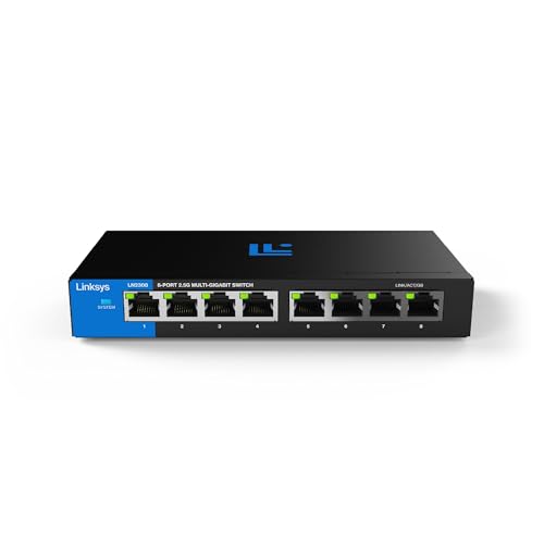 Linksys 8-Port, 2,5G Multi-Gig-Unmanaged Switch | Energieeffizientes Ethernet | Vollduplex-Durchflusskontrolle | Ideal für kleine und Heimbüros mit lüfterlosem Design und Metallgehäuse | Plug-and-Play Linksys 8-Port, 2,5G Multi-Gig-Unmanaged Switch | Energieeffizientes Ethernet | Vollduplex-Durchflusskontrolle | Ideal für kleine und Heimbüros mit lüfterlosem Design und Metallgehäuse | Plug-and-Play von Linksys