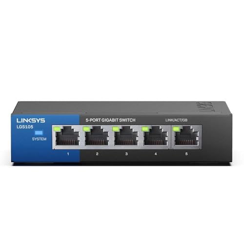 Linksys LGS105-EU 5-Port Unmanaged Gigabit-Netzwerk-Switch – Ethernet-Switch/Hub mit Metallgehäuse, Splitter – Platzierung an der Wand oder auf dem Schreibtisch im Büro oder zu Hause, Plug-and-Play von Linksys