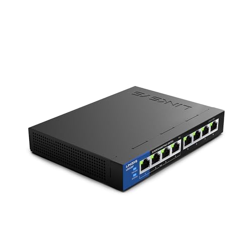 Linksys LGS108P-EU 8-Port Unmanaged Gigabit-Netzwerk-PoE-Switch mit 4 PoE+-Ports, Ethernet-Switch – bis zu 1000 Mbit/s für Büros und zu Hause, IP-Überwachung – Platzierung auf dem Schreibtisch von Linksys