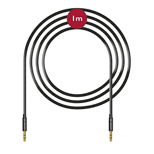 Lioncast Aux Kabel 3.5mm Audio Kabel - 1m Klinkenkabel für Headsets, Kopfhörer, Apple iPhone iPod & iPad, Echo Dot, Heim/KFZ Stereoanlagen, Smartphones, MP3 Player - Knickschutz aus schwarzem Nylon von Lioncast