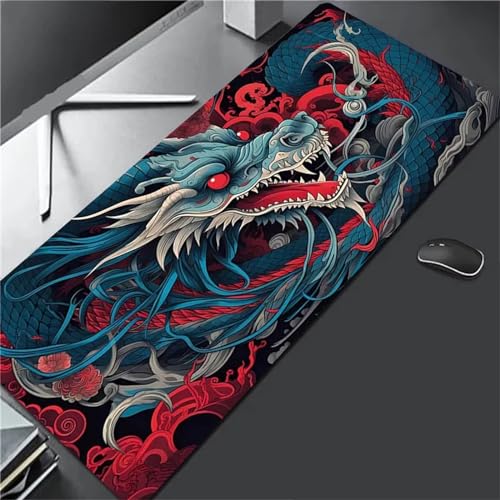 Gaming Mauspad XXL 900x400mm Drache Blau Mousepad Groß Vernähte Kanten WassXerdicht Anti-Rutsch für PC, Laptop Verbessert Präzision und Geschwindigkeix von Liowen