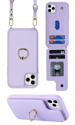 Lipvina Für iPhone 13 Pro Max/12 Pro Max Hülle mit Kartenhalter für Frauen, Umhängeband, Ringständer, Druckknopfverschluss, RFID-Blockierung, süße Handy-Geldbörse (lila) von Lipvina