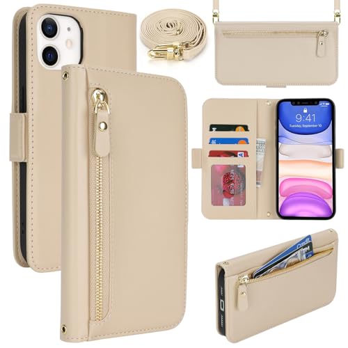 Lipvina Handyhülle für iPhone 11 mit praktischem Band und Kartenfach - stilvolle Klapphülle mit Handykette aus hochwertigem Leder Hülle für iPhone 11 - Beige Weiße Lipvina Handyhülle für iPhone 11 mit praktischem Band und Kartenfach - stilvolle Klapphülle mit Handykette aus hochwertigem Leder Hülle für iPhone 11 - Beige Weiße von Lipvina