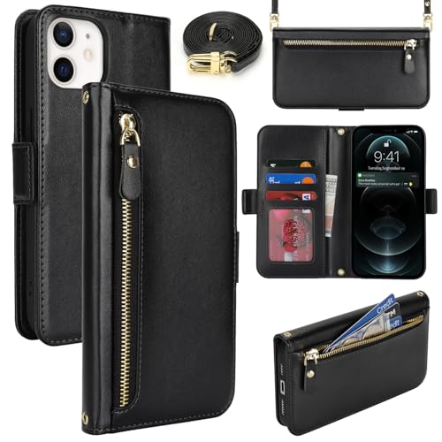 Lipvina Handyhülle für iPhone 12/12 Pro mit praktischem Band und Kartenfach - stilvolle Klapphülle mit Handykette aus hochwertigem Leder Hülle für iPhone 12/12 Pro - Schwarz von Lipvina