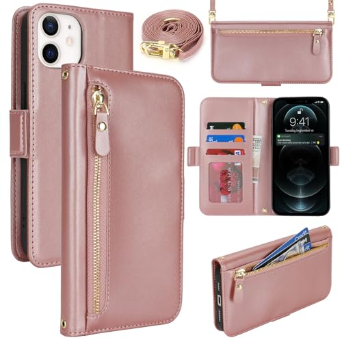 Lipvina Handyhülle für iPhone 12/12 Pro mit praktischem Band und Kartenfach - stilvolle Klapphülle mit Handykette aus hochwertigem Leder Hülle für iPhone 12/12 Pro - roségold von Lipvina