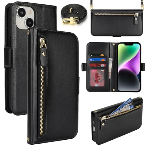 Lipvina Handyhülle für iPhone 13/14 mit praktischem Band und Kartenfach - stilvolle Klapphülle mit Handykette aus hochwertigem Leder Hülle für iPhone 13/14 - Schwarz von Lipvina