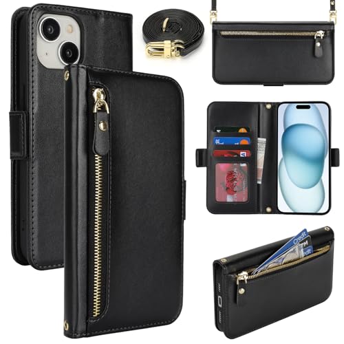 Lipvina Handyhülle für iPhone 15 mit praktischem Band und Kartenfach - stilvolle Klapphülle mit Handykette aus hochwertigem Leder Hülle für iPhone 15 - Schwarz Lipvina Handyhülle für iPhone 15 mit praktischem Band und Kartenfach - stilvolle Klapphülle mit Handykette aus hochwertigem Leder Hülle für iPhone 15 - Schwarz von Lipvina