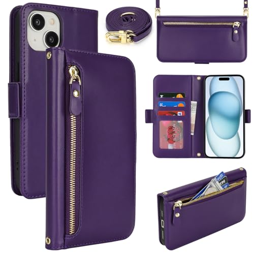Lipvina Handyhülle für iPhone 15 mit praktischem Band und Kartenfach - stilvolle Klapphülle mit Handykette aus hochwertigem Leder Hülle für iPhone 15 - Tief Violett von Lipvina