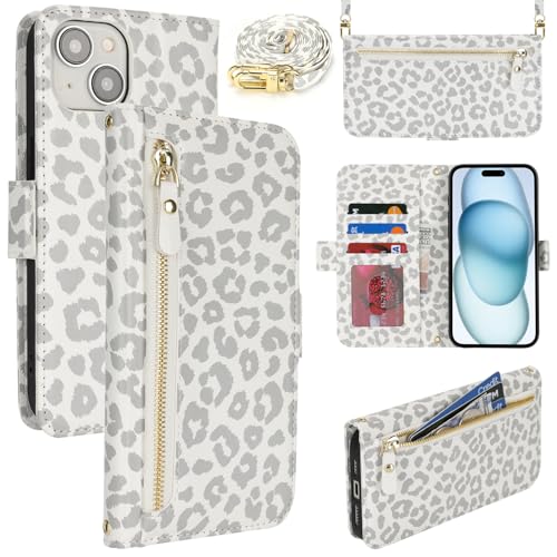 Lipvina Handyhülle für iPhone 15 mit praktischem Band und Kartenfach - stilvolle Klapphülle mit Handykette aus hochwertigem Leder Hülle für iPhone 15 - Weiße Leoparden von Lipvina