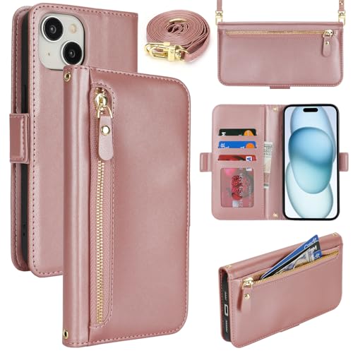 Lipvina Handyhülle für iPhone 15 mit praktischem Band und Kartenfach - stilvolle Klapphülle mit Handykette aus hochwertigem Leder Hülle für iPhone 15 - roségold Lipvina Handyhülle für iPhone 15 mit praktischem Band und Kartenfach - stilvolle Klapphülle mit Handykette aus hochwertigem Leder Hülle für iPhone 15 - roségold von Lipvina