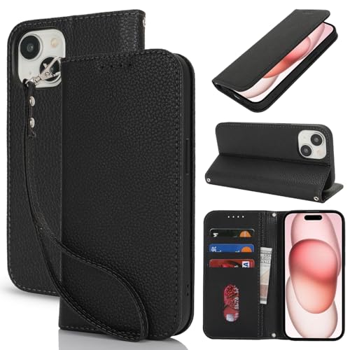 Lipvina Handyhülle für iPhone 15.Premium PU-Leder Handyhülle mit Kartenfach,Standfunktion,RFID-Schutz.Klapphülle und Handytasche aus lederhülle,kompatibel für das iPhone 15,Schwarz von Lipvina