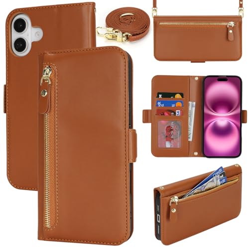 Lipvina Handyhülle für iPhone 16 Plus mit praktischem Band und Kartenfach - stilvolle Klapphülle mit Handykette aus hochwertigem Leder Hülle für iPhone 16 Plus - Braun von Lipvina