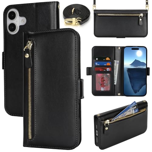 Lipvina Handyhülle für iPhone 16 mit praktischem Band und Kartenfach - stilvolle Klapphülle mit Handykette aus hochwertigem Leder Hülle für iPhone 16 - Schwarz Lipvina Handyhülle für iPhone 16 mit praktischem Band und Kartenfach - stilvolle Klapphülle mit Handykette aus hochwertigem Leder Hülle für iPhone 16 - Schwarz von Lipvina