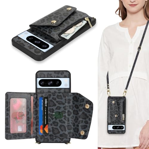 Lipvina Hülle für Google Pixel 8 Pro Hülle mit Band Kartenhalter handyhülle Hülle für Google Pixel 8 Pro mit Reißverschluss Band Ring Ständer Case für Frauen - Schwarzer Leopard von Lipvina