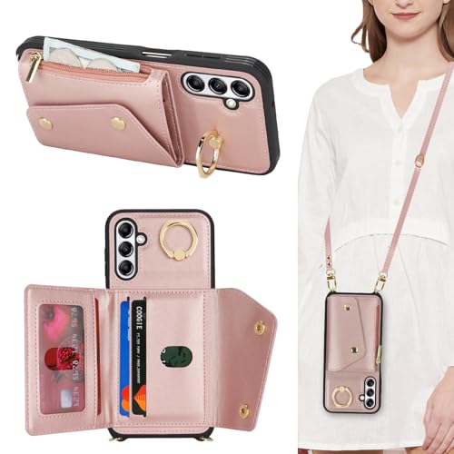Lipvina Hülle für Samsung Galaxy A14 Hülle mit Band Kartenhalter handyhülle Hülle für Samsung Galaxy A14 mit Reißverschluss Band Ring Ständer Case für Frauen - Rosa von Lipvina