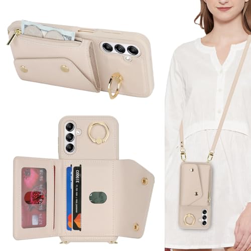 Lipvina Hülle für Samsung Galaxy A14 Hülle mit Band Kartenhalter handyhülle Hülle für Samsung Galaxy A14 mit Reißverschluss Band Ring Ständer Case für Frauen - weiß von Lipvina