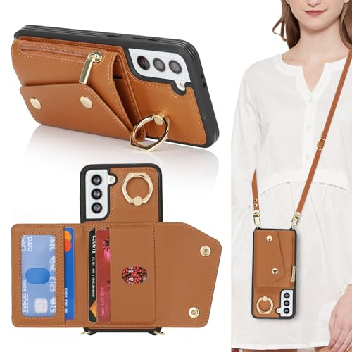 Lipvina Hülle für Samsung Galaxy S21 FE mit Band, Kartenhalter, Reißverschluss, Ring Ständer - Handyhülle Case für Frauen - Braun Lipvina Hülle für Samsung Galaxy S21 FE mit Band, Kartenhalter, Reißverschluss, Ring Ständer - Handyhülle Case für Frauen - Braun von Lipvina