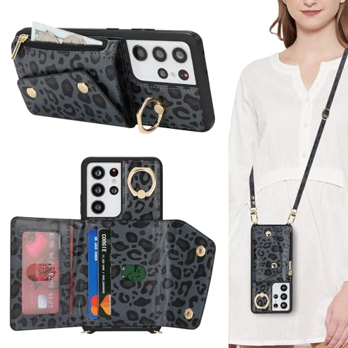 Lipvina Hülle für Samsung Galaxy S21 Ultra Hülle mit Band Kartenhalter handyhülle Hülle für Samsung Galaxy S21 Ultra mit Reißverschluss Band Ring Ständer Case für Frauen - Schwarzer Leopard Lipvina Hülle für Samsung Galaxy S21 Ultra Hülle mit Band Kartenhalter handyhülle Hülle für Samsung Galaxy S21 Ultra mit Reißverschluss Band Ring Ständer Case für Frauen - Schwarzer Leopard von Lipvina