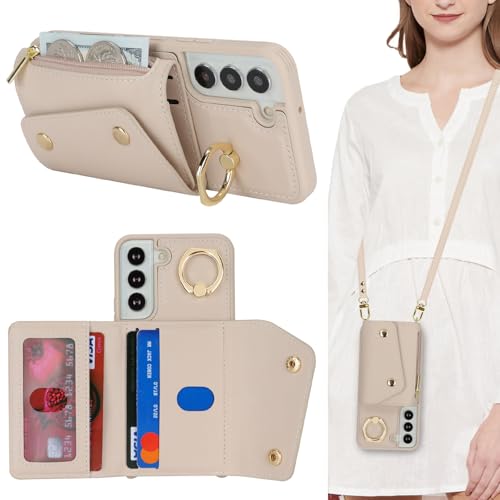 Lipvina Hülle für Samsung Galaxy S22 Hülle mit Band Kartenhalter handyhülle Hülle für Samsung Galaxy S22 mit Reißverschluss Band Ring Ständer Case für Frauen - weiß von Lipvina