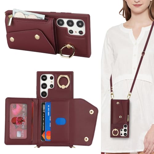 Lipvina Hülle für Samsung Galaxy S23 Ultra Hülle mit Band Kartenhalter handyhülle Hülle für Samsung Galaxy S23 Ultra mit Reißverschluss Band Ring Ständer Case für Frauen - Rot Lipvina Hülle für Samsung Galaxy S23 Ultra Hülle mit Band Kartenhalter handyhülle Hülle für Samsung Galaxy S23 Ultra mit Reißverschluss Band Ring Ständer Case für Frauen - Rot von Lipvina