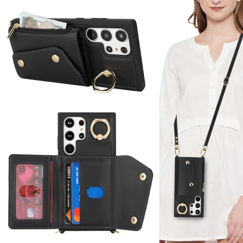 Lipvina Hülle für Samsung Galaxy S23 Ultra Hülle mit Band Kartenhalter handyhülle Hülle für Samsung Galaxy S23 Ultra mit Reißverschluss Band Ring Ständer Case für Frauen - Schwarz von Lipvina