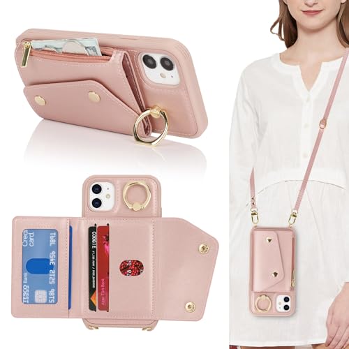 Lipvina Hülle für iPhone 11 Hülle mit Band Kartenhalter handyhülle Hülle für iPhone 11 mit Reißverschluss Band Ring Ständer Case für Frauen - Rosa von Lipvina