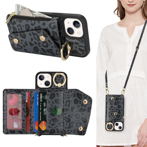 Lipvina Hülle für iPhone 13 Mini Hülle mit Band Kartenhalter handyhülle Hülle für iPhone 13 Mini mit Reißverschluss Band Ring Ständer Case für Frauen - Schwarzer Leopard von Lipvina