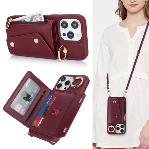 Lipvina Hülle für iPhone 14 Pro Max - Crossbody Case mit Kartenhalter, Reißverschlusstasche und Ständer - Rot Lipvina Hülle für iPhone 14 Pro Max - Crossbody Case mit Kartenhalter, Reißverschlusstasche und Ständer - Rot von Lipvina