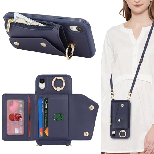 Lipvina Hülle für iPhone XR Hülle mit Band Kartenhalter handyhülle Hülle für iPhone XR mit Reißverschluss Band Ring Ständer Case für Frauen - Blau von Lipvina