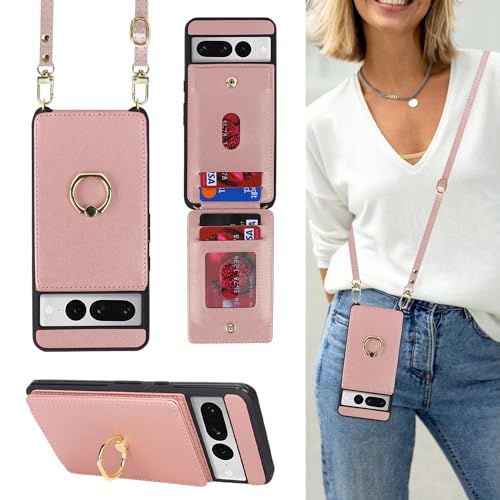 Lipvina Schutzhülle für Google Pixel 7 Pro, mit Kartenfach und Riemen, für Damen, Umhängeband, Ringständer, Schnappverschluss, Handy-Brieftaschen-Hüllen 17 cm (6,7 Zoll), Roségold von Lipvina