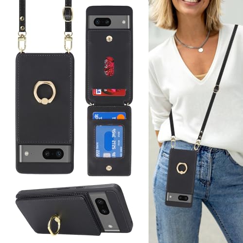 Lipvina Schutzhülle für Google Pixel 7A, mit Kartenfach und Riemen, für Damen, Umhängeband, Ringständer, Schnappverschluss, Handy-Brieftaschen-Hüllen 15,5 cm (6,1 Zoll), Schwarz von Lipvina