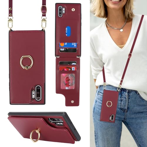 Lipvina Schutzhülle für Samsung Galaxy Note 10 Plus, mit Kartenhalter und Riemen, für Damen, Umhängeband, Ständer, Schnappverschluss, 17,3 cm (6,8 Zoll), Weinrot von Lipvina