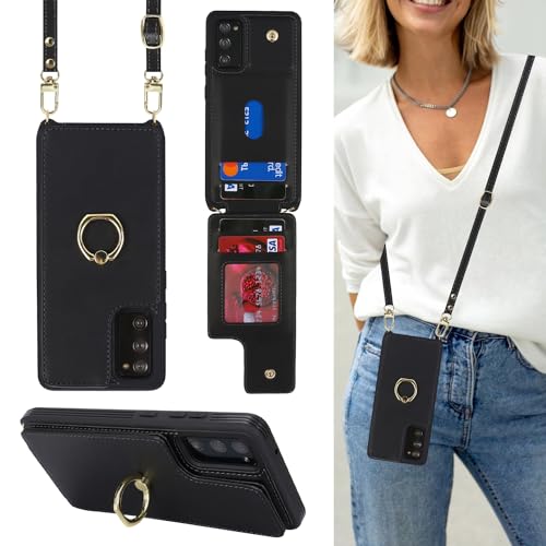 Lipvina Schutzhülle für Samsung Galaxy Note 20 Ultra mit Kartenfach und Schlaufe, für Damen, Umhängeband, Ringständer, Schnappverschluss, 17,5 cm (6,9 Zoll), Schwarz von Lipvina