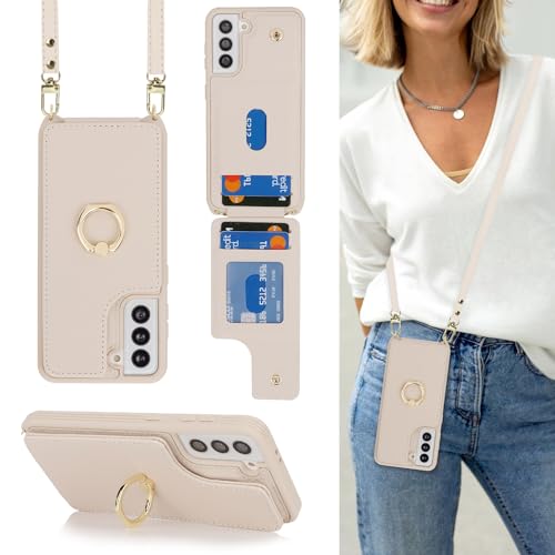 Lipvina Schutzhülle für Samsung Galaxy S21 FE mit Kartenhalter und Riemen, für Damen, Umhängeband, Ringständer, Schnappverschluss, Handy-Brieftaschen-Hüllen 16,3 cm (6,4 Zoll), Beige von Lipvina