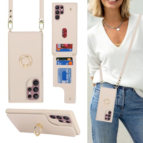 Lipvina Schutzhülle für Samsung Galaxy S22 Ultra mit Kartenhalter und Riemen, für Damen, Umhängeband, Ständer, Schnappverschluss, 17,3 cm (6,8 Zoll), Beige von Lipvina