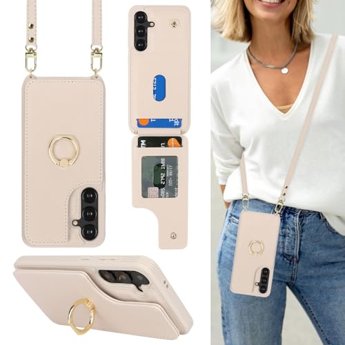 Lipvina Schutzhülle für Samsung Galaxy S24, mit Kartenhalter und Riemen, für Damen, Umhängeband, Ständer, Schnappverschluss, 15,7 cm (6,2 Zoll), Beige von Lipvina