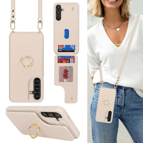 Lipvina Schutzhülle für Samsung Galaxy S24 Plus, mit Kartenhalter und Riemen, für Damen, Umhängeband, Ständer, Schnappverschluss, Handy-Brieftaschen-Hüllen 17 cm (6,7 Zoll), Beige von Lipvina