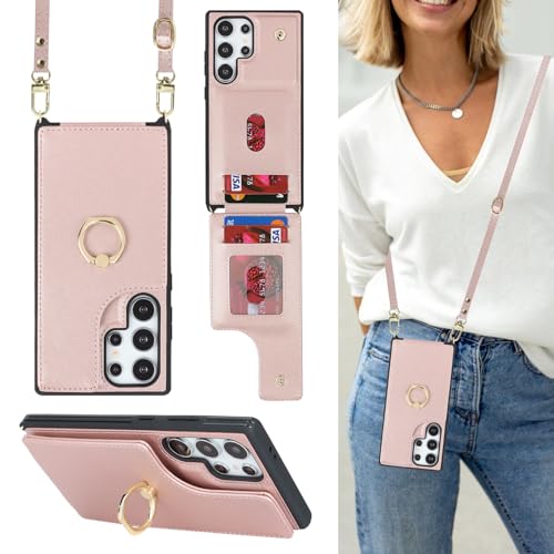Lipvina Schutzhülle für Samsung Galaxy S24 Ultra mit Kartenhalter und Riemen, für Damen, Umhängeband, Ringständer, Schnappverschluss, Handy-Brieftaschen-Hüllen 17,3 cm (6,8 Zoll), Roségold von Lipvina