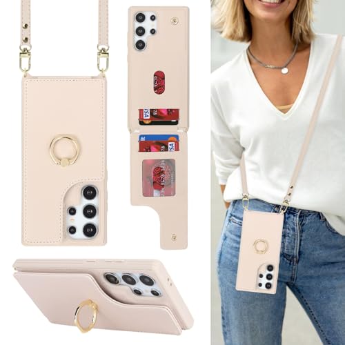 Lipvina Schutzhülle für Samsung Galaxy S24 Ultra mit Kartenhalter und Riemen, für Damen, Umhängeband, Ständer, Schnappverschluss, 17,3 cm (6,8 Zoll), Beige von Lipvina
