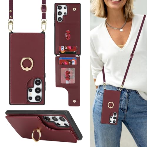 Lipvina Schutzhülle für Samsung Galaxy S24 Ultra mit Kartenhalter und Schlaufe, für Damen, Umhängeband, Ständer, Schnappverschluss, 17,3 cm (6,8 Zoll), Weinrot von Lipvina