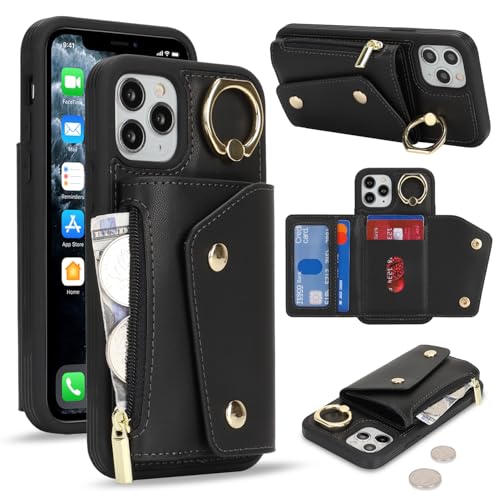 Lipvina für iPhone 11 Pro Hülle mit Kartenhalter Handyhülle mit Schlüsselanhänger Hülle geldbörse Leder Reißverschluss für Herren und Damen - Schwarzer von Lipvina