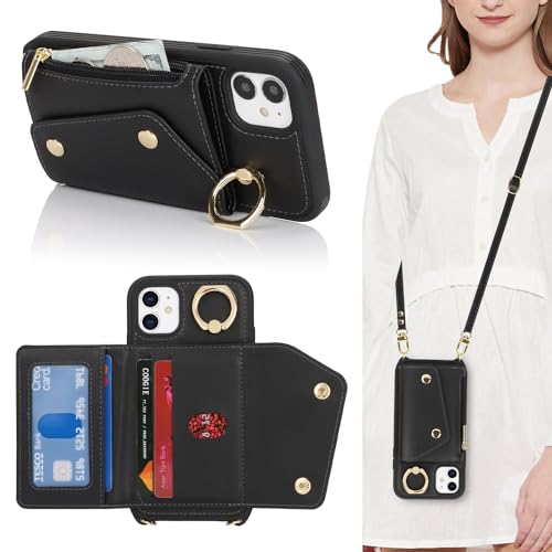 Lipvina Schutzhülle für iPhone 12, mit Kartenfach und Riemen, Reißverschlussfach, Umhängeband, Kreditkartenhalter, Standring, niedliche Handy-Schutzhülle für Damen (Schwarz, 15,5 cm) von Lipvina