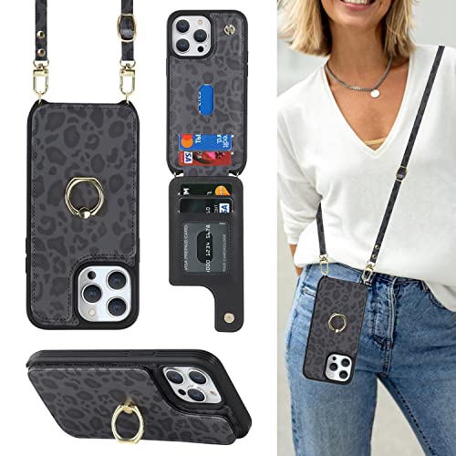 Lipvina Schutzhülle für iPhone 12/12 Pro, mit Kartenhalter und Riemen, für Damen, Umhängeband, Ständer, Ringständer, Schnappverschluss, niedliche Handy-Brieftasche, 15,5 cm (6,1 Zoll), schwarzer von Lipvina