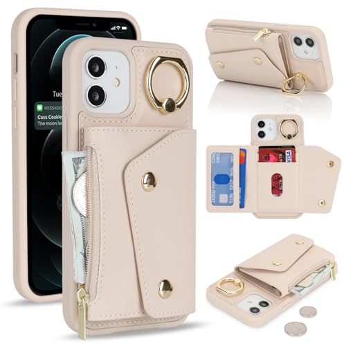 Lipvina für iPhone 12/12 Pro Hülle mit Kartenhalter Handyhülle mit Schlüsselanhänger Hülle geldbörse Leder Reißverschluss für Herren und Damen - Aprikose von Lipvina