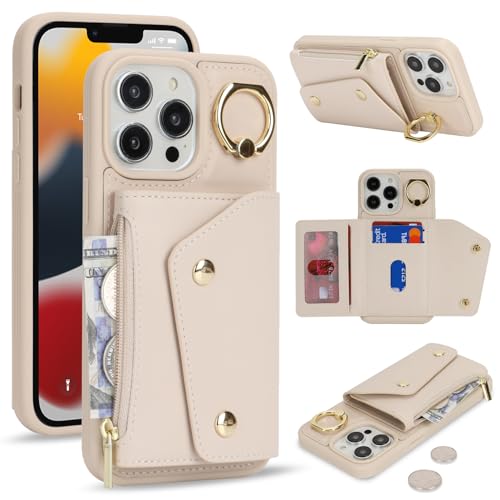 Lipvina für iPhone 13 Pro Hülle mit Kartenhalter Handyhülle mit Schlüsselanhänger Hülle geldbörse Leder Reißverschluss für Herren und Damen - Aprikose von Lipvina
