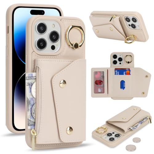 Lipvina für iPhone 14 Pro Hülle mit Kartenhalter Handyhülle mit Schlüsselanhänger Hülle geldbörse Leder Reißverschluss für Herren und Damen - Aprikose von Lipvina