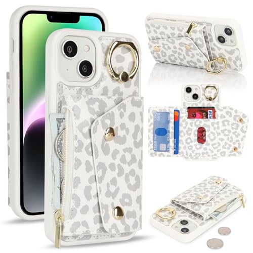Lipvina für iPhone 14/13 Hülle mit Kartenhalter Handyhülle mit Schlüsselanhänger Hülle geldbörse Leder Reißverschluss für Herren und Damen - Weißer Leopard von Lipvina