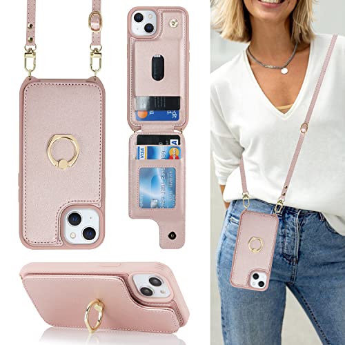 Lipvina Handyhülle für iPhone 15 Plus mit Kartenfach & Geldbörse – Stoßfestes Etui mit Verstellbarer Halskette, RFID-freundlich und Modisches Design - Roségold von Lipvina