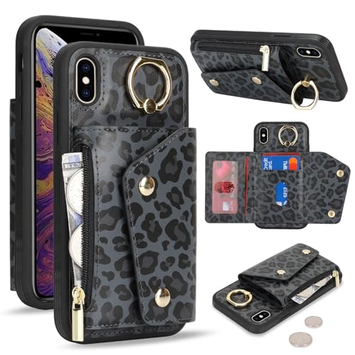 Lipvina für iPhone XS Max Hülle mit Kartenhalter Handyhülle mit Schlüsselanhänger Hülle geldbörse Leder Reißverschluss für Herren und Damen - Schwarzer Leopard von Lipvina