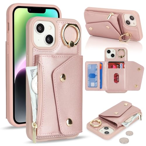 Lipvina für iPhone 14/13 Hülle mit Kartenhalter Handyhülle mit Schlüsselanhänger Hülle geldbörse Leder Reißverschluss für Herren und Damen - Roségold von Lipvina